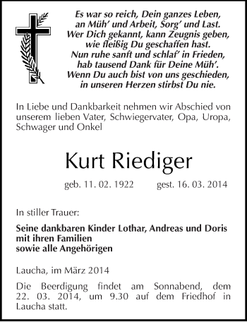Traueranzeige von Kurt Riediger von Mitteldeutsche Zeitung Naumburg/Nebra