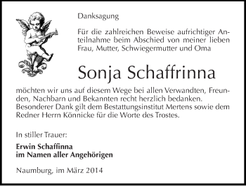 Traueranzeige von Sonja Schaffrinna von Mitteldeutsche Zeitung Naumburg/Nebra