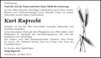 Traueranzeige von Kurt Ruprecht von Mitteldeutsche Zeitung Köthen
