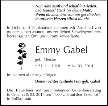 Traueranzeige von Emmy Gabel von Mitteldeutsche Zeitung Dessau-Roßlau