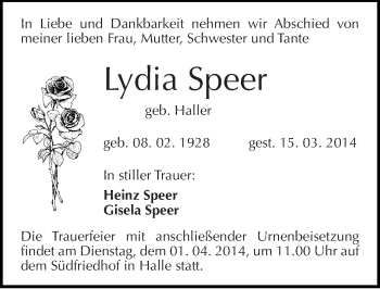 Traueranzeige von Lydia Speer von Mitteldeutsche Zeitung Halle/Saalkreis