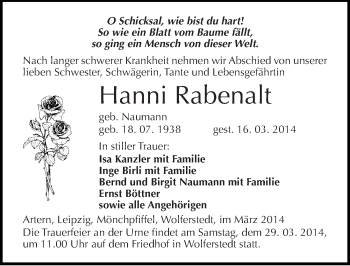 Traueranzeige von Hanni Rabenalt von Mitteldeutsche Zeitung Sangerhausen