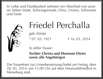 Traueranzeige von Friedel Perchalla von Mitteldeutsche Zeitung Merseburg/Querfurt