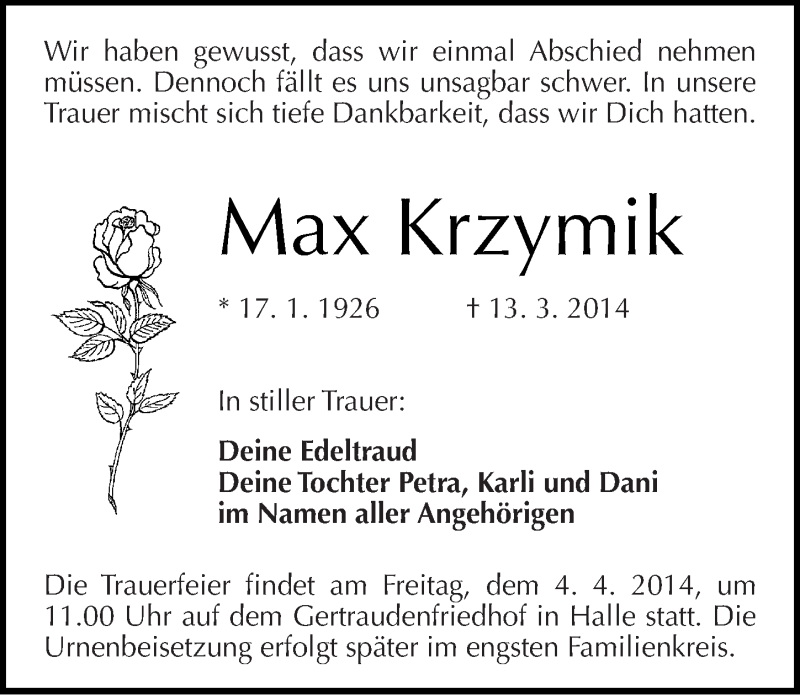 Traueranzeigen von Max Krzymik | www.abschied-nehmen.de