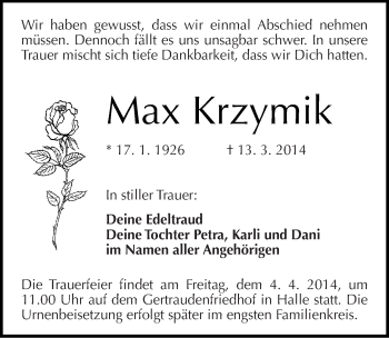 Traueranzeige von Max Krzymik von Mitteldeutsche Zeitung Halle/Saalkreis