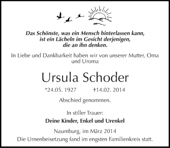Traueranzeige von Ursula Schoder von Mitteldeutsche Zeitung Naumburg/Nebra