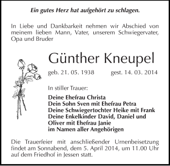 Traueranzeige von Günther Kneupel von Mitteldeutsche Zeitung Wittenberg