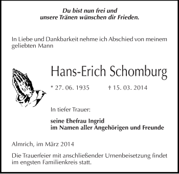 Traueranzeige von Hans-Erich Schomburg von Mitteldeutsche Zeitung Naumburg/Nebra