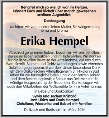 Traueranzeige von Erika Hempel von Mitteldeutsche Zeitung Sangerhausen