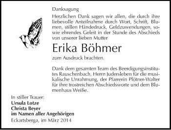 Traueranzeige von Erika Böhmer von Mitteldeutsche Zeitung Naumburg/Nebra