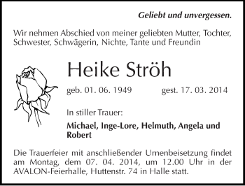 Traueranzeige von Heike Ströh von Mitteldeutsche Zeitung Halle/Saalkreis