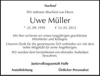 Traueranzeige von Uwe Müller von Mitteldeutsche Zeitung Halle/Saalkreis