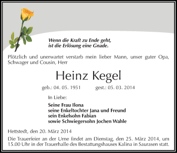 Traueranzeige von Heinz Kegel von Mitteldeutsche Zeitung Mansfelder Land