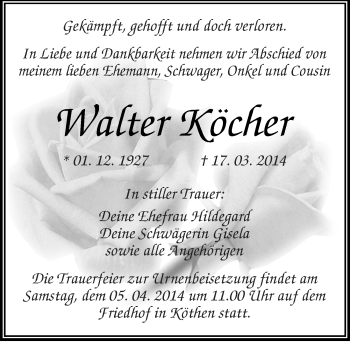 Traueranzeige von Walter Köcher von Mitteldeutsche Zeitung Köthen