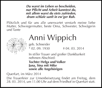 Traueranzeige von Anni Wippich von Mitteldeutsche Zeitung Merseburg/Querfurt