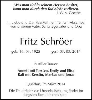Traueranzeige von Fritz Schröer von Mitteldeutsche Zeitung Merseburg/Querfurt