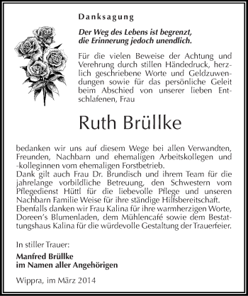 Traueranzeige von Ruth Brüllke von Mitteldeutsche Zeitung Mansfelder Land