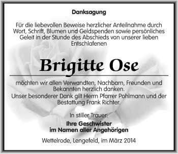 Traueranzeige von Brigitte Ose von Mitteldeutsche Zeitung Sangerhausen