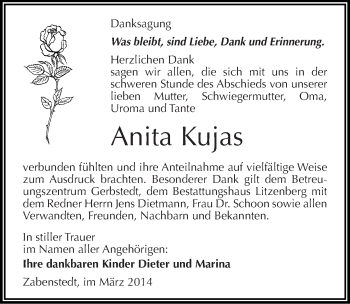 Traueranzeige von Anita Kujas von Mitteldeutsche Zeitung Mansfelder Land