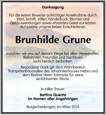 Traueranzeige von Brunhilde Grune von Mitteldeutsche Zeitung Naumburg/Nebra