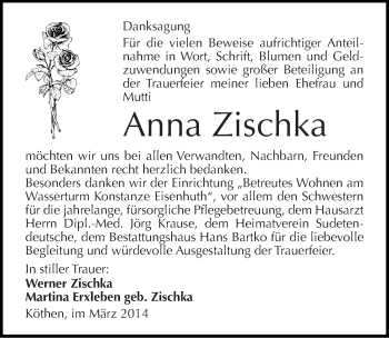 Traueranzeige von Anna Zischka von Mitteldeutsche Zeitung Köthen
