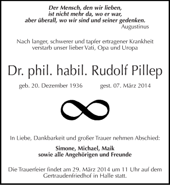 Traueranzeige von Rudolf Pillep von Mitteldeutsche Zeitung Halle/Saalkreis