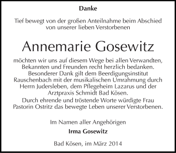 Traueranzeige von Annemarie Gosewitz von Mitteldeutsche Zeitung Naumburg/Nebra