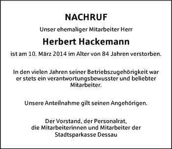 Traueranzeige von Herbert Hackemann von Mitteldeutsche Zeitung Dessau-Roßlau