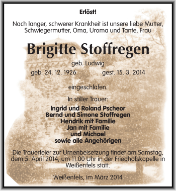 Traueranzeige von Brigitte Stoffregen von Mitteldeutsche Zeitung Weißenfels