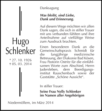 Traueranzeige von Hugo Schlenker von Mitteldeutsche Zeitung Naumburg/Nebra