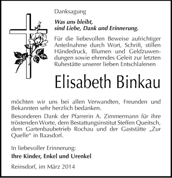 Traueranzeige von Elisabeth Binkau von Mitteldeutsche Zeitung Köthen