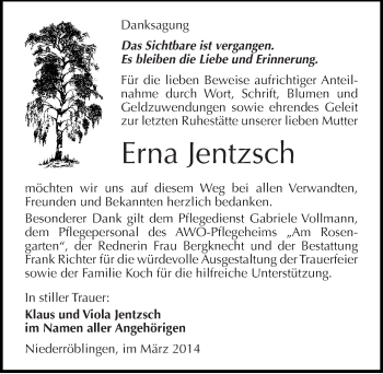 Traueranzeige von Erna Jentzsch von Mitteldeutsche Zeitung Sangerhausen