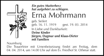 Traueranzeige von Erna Mohrmann von Mitteldeutsche Zeitung Naumburg/Nebra