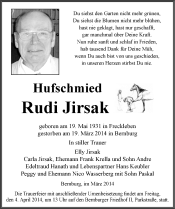 Traueranzeige von Rudi Jirsak von Mitteldeutsche Zeitung Bernburg