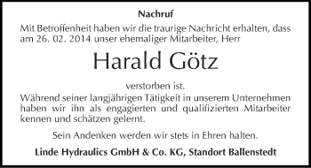 Traueranzeige von Harald Götz von Mitteldeutsche Zeitung Quedlinburg