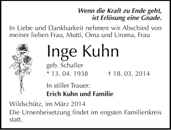 Traueranzeige von Inge Kuhn von Mitteldeutsche Zeitung Weißenfels