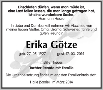 Traueranzeige von Erika Götze von Mitteldeutsche Zeitung Halle/Saalkreis