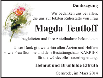 Traueranzeige von Magda Teutloff von Mitteldeutsche Zeitung Quedlinburg