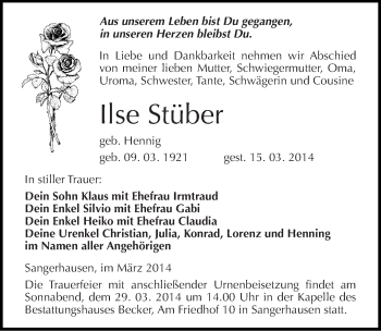 Traueranzeige von Ilse Stüber von Mitteldeutsche Zeitung Sangerhausen