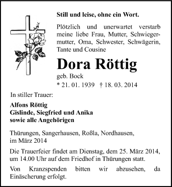 Traueranzeige von Dora Röttig von Mitteldeutsche Zeitung Sangerhausen