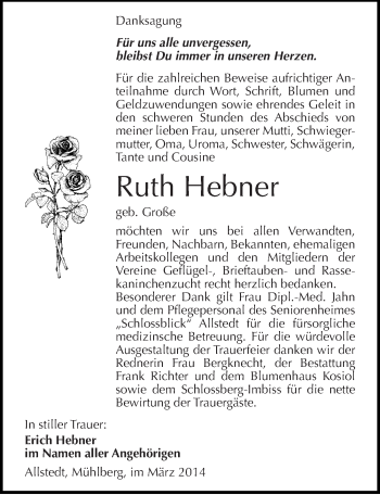 Traueranzeige von Ruth Hebner von Mitteldeutsche Zeitung Sangerhausen