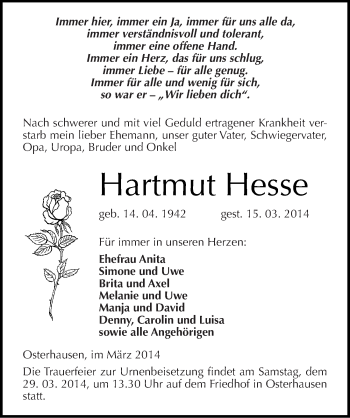 Traueranzeige von Hartmut Hesse von Mitteldeutsche Zeitung Mansfelder Land