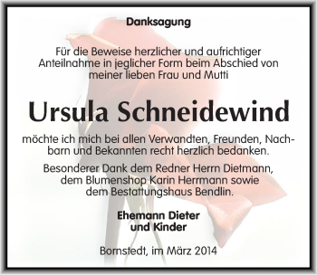 Traueranzeige von Ursula Schneidewind von Mitteldeutsche Zeitung Mansfelder Land