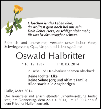 Traueranzeige von Oswald Halbritter von Mitteldeutsche Zeitung Halle/Saalkreis