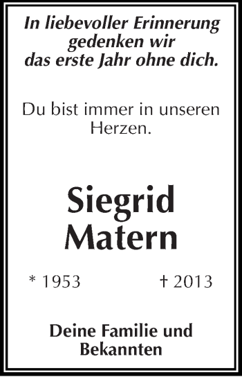 Traueranzeige von Siegrid Matern von Mitteldeutsche Zeitung Halle/Saalkreis