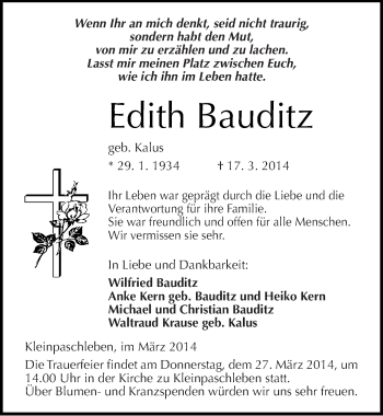 Traueranzeige von Edith Bauditz von Mitteldeutsche Zeitung Köthen