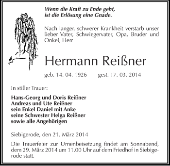 Traueranzeige von Hermann Reißner von Mitteldeutsche Zeitung Mansfelder Land