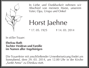 Traueranzeige von Horst Jaehne von Mitteldeutsche Zeitung Halle/Saalkreis