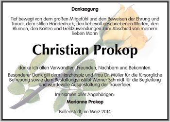 Traueranzeige von Christian Prokop von Mitteldeutsche Zeitung Quedlinburg