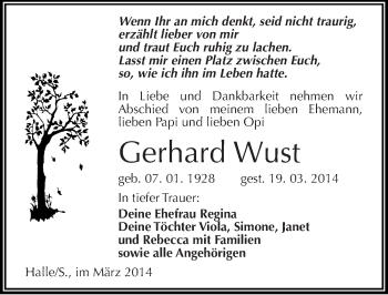 Traueranzeige von Gerhard Wust von Mitteldeutsche Zeitung Halle/Saalkreis